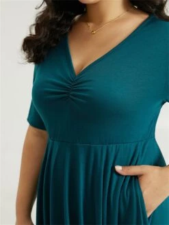 Women's Plus Size Curve Casual Dress Swing Dress A Line Dress Plain Midi Dress Half Sleeve Ruched Pocket V Neck Fashion Daily Dark Green Spring Fall L XL 2XL 3XL 4XL -HAYz Clothing Shop rlxmyg1697164737808