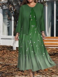 Women's Plus Size Two Piece Dress Set Casual Dress Swing Dress Outdoor Office Fashion Streetwear Print Midi Dress Crew Neck Long Sleeve Floral Ombre Regular Fit Wine Blue Green Fall Winter L XL XXL -HAYz Clothing Shop rmelck1697784871256