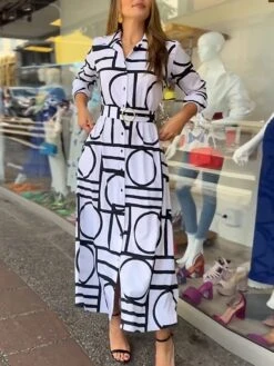 Women's Shirt Dress Casual Dress Maxi Long Dress Outdoor Daily Vacation Polyester Fashion Modern Shirt Collar Button Print Long Sleeve Summer Spring Fall 2023 Loose Fit White Geometric Color Block S