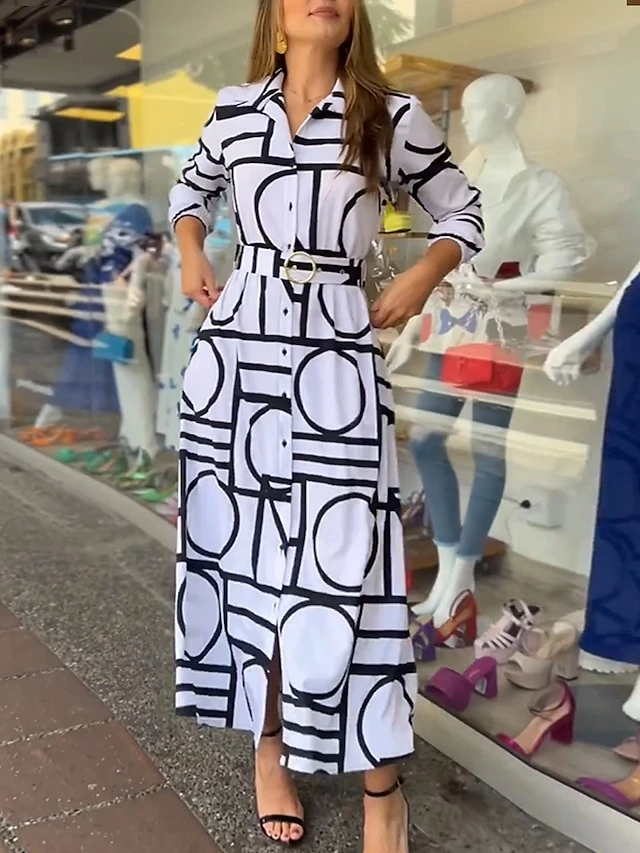Women's Shirt Dress Casual Dress Maxi Long Dress Outdoor Daily Vacation Polyester Fashion Modern Shirt Collar Button Print Long Sleeve Summer Spring Fall 2023 Loose Fit White Geometric Color Block S 1 Women's Shirt Dress Casual Dress Maxi Long Dress Outdoor Daily Vacation Polyester Fashion Modern Shirt Collar Button Print Long Sleeve Summer Spring Fall 2023 Loose Fit White Geometric Color Block S