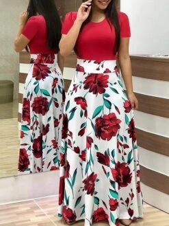 Women's Shift Dress Maxi Long Dress White Black Red Blushing Pink Green Short Sleeve Floral Patchwork Print Fall Winter Round Neck Hot Chinoiserie Batwing Sleeve Cotton 2021 S M L XL XXL -HAYz Clothing Shop rmfmyj1599205785255