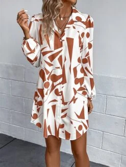 Women's Shirt Dress Casual Dress Mini Dress Outdoor Daily Vacation Polyester Fashion Modern Shirt Collar Button Print Long Sleeve Spring Fall Winter 2023 Loose Fit Black Orange Geometric S M L XL -HAYz Clothing Shop rmkmwm1692343067904