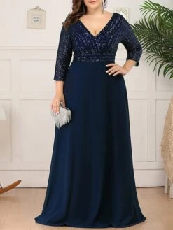 Women's Plus Size Curve Party Dress Sequin Dress Chiffon Dress Plain Long Dress Maxi Dress 3/4 Length Sleeve Patchwork V Neck Fashion Party Navy Blue Fall Winter L XL XXL 3XL 4XL -HAYz Clothing Shop rmlaqr1697193155639