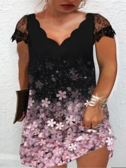 Women‘s Plus Size Curve Shift Dress Floral V Neck Lace Short Sleeve Spring Summer Stylish Casual Short Mini Dress Daily Vacation Dress Print -HAYz Clothing Shop rmlynk1644372282128