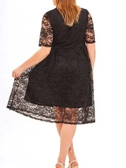 Women‘s Plus Size Curve Party Dress Lace Dress Cocktail Dress Midi Dress Black Pink Wine Half Sleeve Pure Color Lace Summer Spring Fall V Neck Fashion Birthday Wedding Guest Vacation 2023 -HAYz Clothing Shop rmlzzs1691564494592