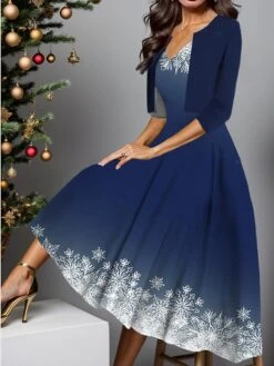 Women's Two Piece Dress Set Casual Dress Swing Dress Outdoor Christmas Fashion Elegant Print Midi Dress V Neck Half Sleeve Christmas Tree Snowflake Regular Fit Wine Red Navy Blue Fall Winter S M L XL -HAYz Clothing Shop rmqcrs1697181064068