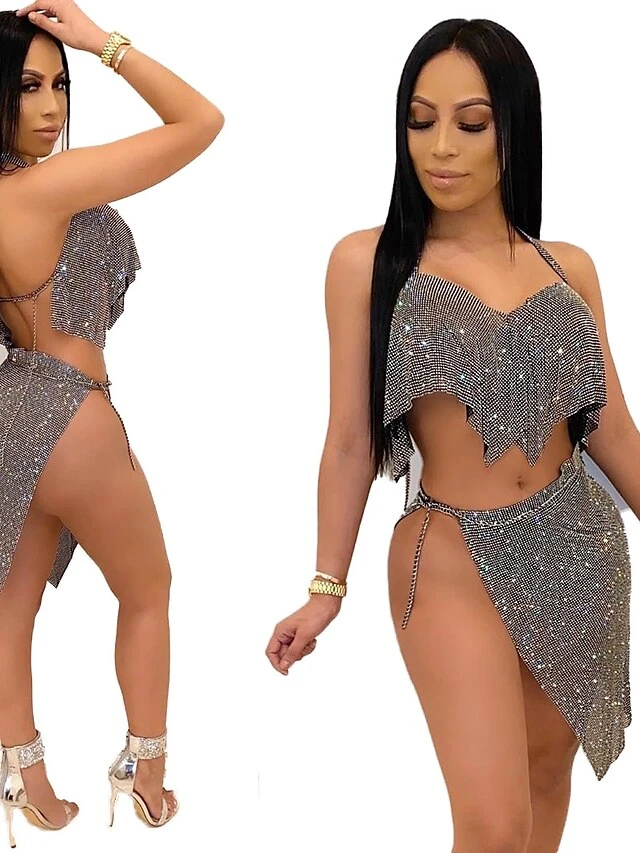 Women‘s Dress Set Two Piece Dress Skirt Set Mini Dress Silver Black Golden Sleeveless Pure Color Backless Spring & Summer Halter Sexy 2023 S M L XL XXL 3 Women‘s Dress Set Two Piece Dress Skirt Set Mini Dress Silver Black Golden Sleeveless Pure Color Backless Spring & Summer Halter Sexy 2023 S M L XL XXL - Image 3