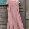 Women's Casual Dress Cotton Linen Dress Maxi Long Dress Cotton Blend Basic Classic Outdoor Daily Vacation Crew Neck Ruched Short Sleeve Summer Spring 2023 Loose Fit Black Yellow Pink Plain S M L XL