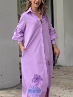 Women's Shirt Dress Casual Dress Shift Dress Maxi Long Dress Outdoor Office Daily Cotton Fashion Modern Shirt Collar Button Pocket 3/4 Length Sleeve Summer Spring Fall 2023 Loose Fit Purple Floral S -HAYz Clothing Shop rmxyvy1683716758247