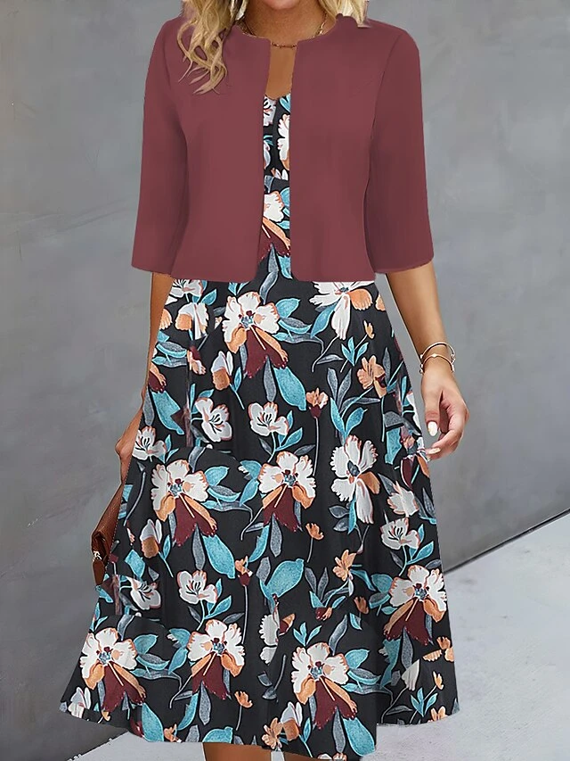 Women's Two Piece Dress Set Casual Dress Print Dress Outdoor Daily Fashion Elegant Print Midi Dress V Neck Half Sleeve Floral Regular Fit Black Navy Blue Blue Fall Winter S M L XL XXL 4 Women's Two Piece Dress Set Casual Dress Print Dress Outdoor Daily Fashion Elegant Print Midi Dress V Neck Half Sleeve Floral Regular Fit Black Navy Blue Blue Fall Winter S M L XL XXL - Image 4