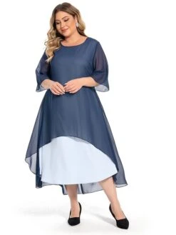 Women‘s Plus Size Curve Casual Dress Work Dress Chiffon Dress Plain Long Dress Maxi Dress Half Sleeve Layered Plus High Low Crew Neck Elegant Outdoor Blue Summer Spring L XL XXL 3XL 4XL -HAYz Clothing Shop rnbouh1694771024277
