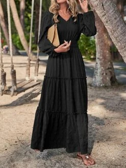 Women's Casual Dress Cotton Linen Dress Swing Dress Midi Dress Polyester Fashion Modern Outdoor Daily Vacation V Neck Ruched Ruffle Long Sleeve Summer Spring Fall 2023 Loose Fit Black Yellow Blue -HAYz Clothing Shop rncmvl1691040685536