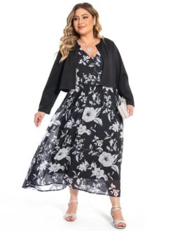 Women‘s Plus Size Curve Two Piece Dress Set Casual Dress Chiffon Dress Outdoor Daily Fashion Elegant Print Long Dress Maxi Dress V Neck Long Sleeve Floral Regular Fit Black Summer Spring -HAYz Clothing Shop rnjnkw1694770878315