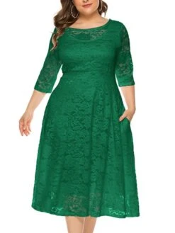 Women‘s Plus Size Curve Party Dress Black Dress Floral Crew Neck Lace 3/4 Length Sleeve Spring Fall Work Prom Dress Midi Dress Party -HAYz Clothing Shop rnnwvd1628496514708