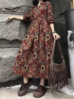 Women's Casual Dress Cotton Linen Dress Swing Dress Maxi Long Dress Linen Cotton Blend Daily Casual Outdoor Daily Vacation Split Neck Button Print Long Sleeve Spring Fall Winter 2023 Loose Fit Yellow -HAYz Clothing Shop rnrody1695284227802