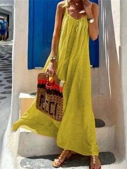 Women's Casual Dress Swing Dress Summer Dress Long Dress Maxi Dress Cotton Basic Modern Outdoor Home Daily Strap Backless Sleeveless Summer Spring 2023 Regular Fit Yellow Red Blue Plain S M L XL