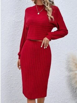 Women's Two Piece Dress Set Casual Dress Skirt Set Outdoor Daily Active Fashion Ribbed Midi Dress Turtleneck Long Sleeve Plain Loose Fit Black Wine Gray Fall Winter S M L XL XXL -HAYz Clothing Shop rnxcvb1693294050882