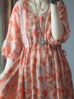 Women's Casual Dress Cotton Linen Dress Swing Dress Midi Dress Polyester Daily Casual Outdoor Daily Vacation Crew Neck Print 3/4 Length Sleeve Fall Autumn 2023 Loose Fit Orange Floral M L XL 2XL -HAYz Clothing Shop rnzlrr1693226489686