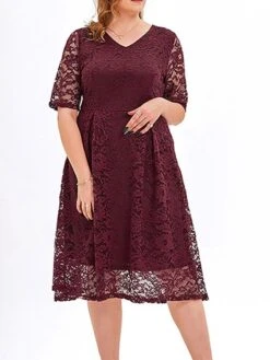 Women‘s Plus Size Curve Party Dress Lace Dress Cocktail Dress Midi Dress Black Pink Wine Half Sleeve Pure Color Lace Summer Spring Fall V Neck Fashion Birthday Wedding Guest Vacation 2023 -HAYz Clothing Shop robeci1691564495375