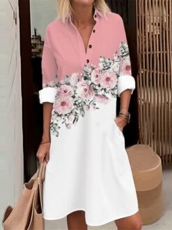 Women's Shirt Dress Casual Dress Cotton Linen Dress Midi Dress Polyester Fashion Casual Daily Outdoor Daily Vacation Shirt Collar Button Pocket 3/4 Length Sleeve Spring Fall Autumn 2023 Loose Fit Pink