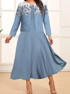 Women's Plus Size Two Piece Dress Set Casual Dress Swing Dress Outdoor Office Fashion Streetwear Print Midi Dress Crew Neck Long Sleeve Floral Plaid Regular Fit Pink Dark Pink Blue Fall Winter L XL -HAYz Clothing Shop roexqn1693213906769