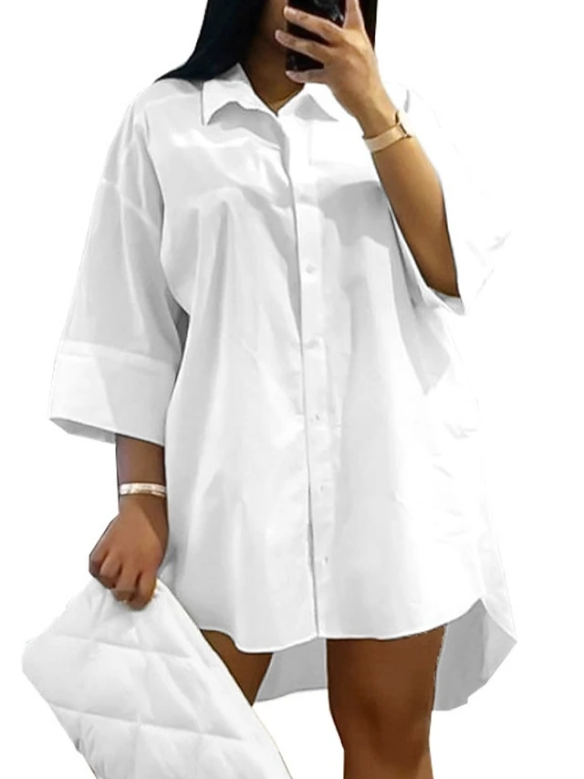 Women‘s Plus Size Curve Shirt Dress Solid Color Shirt Collar Long Sleeve Fall Spring Basic Casual Short Mini Dress Casual Daily Dress 2 Women‘s Plus Size Curve Shirt Dress Solid Color Shirt Collar Long Sleeve Fall Spring Basic Casual Short Mini Dress Casual Daily Dress - Image 2