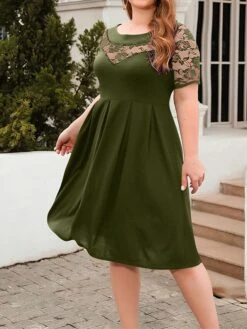 Women's Plus Size Curve Party Dress Lace Dress Semi Formal Dress Solid Color Midi Dress Short Sleeve Lace Crew Neck Fashion Party ArmyGreen Black Fall Winter XL XXL 3XL 4XL -HAYz Clothing Shop rouykh1695813618118