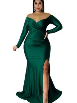 Women‘s Plus Size Curve Party Dress Sheath Dress Swing Dress Solid Color Long Dress Maxi Dress Long Sleeve Split Off Shoulder Fashion Party Black White Winter Fall L XL 3XL 4XL -HAYz Clothing Shop royzff1672800962726