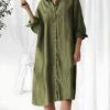 Women's Shirt Dress Casual Dress Cotton Linen Dress Midi Dress Linen / Cotton Blend Basic Classic Outdoor Daily Vacation Shirt Collar Button Long Sleeve Spring Fall Autumn 2023 Loose Fit ArmyGreen