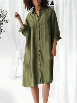 Women's Shirt Dress Casual Dress Cotton Linen Dress Midi Dress Linen / Cotton Blend Basic Classic Outdoor Daily Vacation Shirt Collar Button Long Sleeve Spring Fall Autumn 2023 Loose Fit ArmyGreen