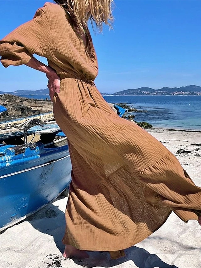 Women's Casual Dress Cotton Linen Dress Wrap Dress Maxi Long Dress Polyester Fashion Classic Outdoor Daily Holiday V Neck Ruffle Cut Out Long Sleeve Summer Spring Fall 2023 Loose Fit Brown Green Rose 9 Women's Casual Dress Cotton Linen Dress Wrap Dress Maxi Long Dress Polyester Fashion Classic Outdoor Daily Holiday V Neck Ruffle Cut Out Long Sleeve Summer Spring Fall 2023 Loose Fit Brown Green Rose - Image 9