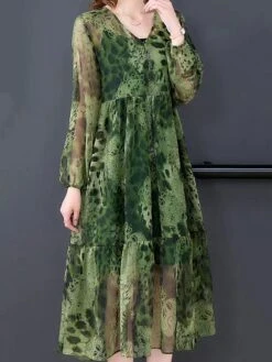 Women's Two Piece Dress Set Casual Dress Shift Dress Daily Going Out Streetwear Casual Print Midi Dress V Neck 3/4 Length Sleeve Leopard Loose Fit Green Fall M L XL XXL 3XL -HAYz Clothing Shop rpszha1695106205267