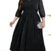 Women's Plus Size Curve Party Dress Black Dress A Line Dress Solid Color Midi Dress 3/4 Length Sleeve Ruched Patchwork V Neck Fashion Wedding Black Spring Fall XL XXL 3XL 4XL