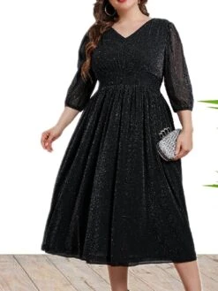 Women's Plus Size Curve Party Dress Black Dress A Line Dress Solid Color Midi Dress 3/4 Length Sleeve Ruched Patchwork V Neck Fashion Wedding Black Spring Fall XL XXL 3XL 4XL