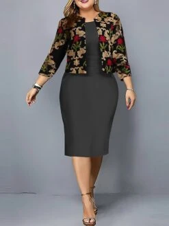 Women's Plus Size Curve Casual Dress Dress Set Two Piece Dress Floral Midi Dress Long Sleeve Print Crew Neck Fashion Outdoor Black Red Fall Winter L XL XXL 3XL 4XL