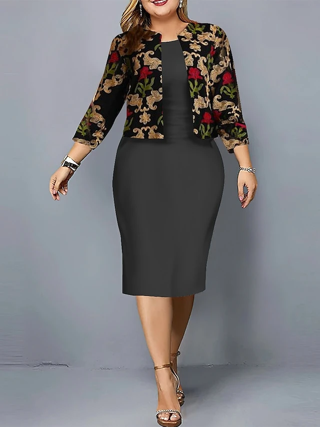 Women's Plus Size Curve Casual Dress Dress Set Two Piece Dress Floral Midi Dress Long Sleeve Print Crew Neck Fashion Outdoor Black Red Fall Winter L XL XXL 3XL 4XL 1 Women's Plus Size Curve Casual Dress Dress Set Two Piece Dress Floral Midi Dress Long Sleeve Print Crew Neck Fashion Outdoor Black Red Fall Winter L XL XXL 3XL 4XL