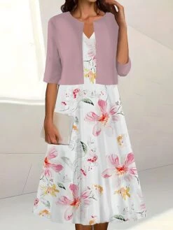 Women's Two Piece Dress Set Casual Dress Print Dress Outdoor Daily Fashion Elegant Print Midi Dress V Neck Half Sleeve Floral Stripe Regular Fit White Pink Blue Summer Spring S M L XL XXL -HAYz Clothing Shop rqpkrd1690542127116