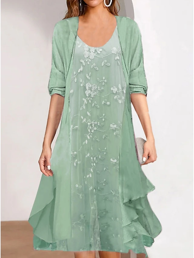 Women's Two Piece Dress Set Chiffon Dress Print Dress Formal Outdoor Fashion Mature Print Midi Dress Crew Neck Half Sleeve Floral Loose Fit Pink Blue Green Summer Spring S M L XL XXL 3 Women's Two Piece Dress Set Chiffon Dress Print Dress Formal Outdoor Fashion Mature Print Midi Dress Crew Neck Half Sleeve Floral Loose Fit Pink Blue Green Summer Spring S M L XL XXL - Image 3