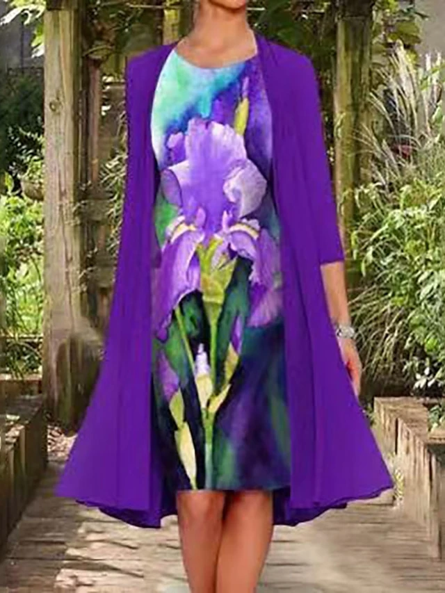 Women‘s Plus Size Curve Two Piece Dress Graphic Crew Neck Print Long Sleeve Winter Fall Elegant Casual Knee Length Dress Daily Holiday Dress 2 Women‘s Plus Size Curve Two Piece Dress Graphic Crew Neck Print Long Sleeve Winter Fall Elegant Casual Knee Length Dress Daily Holiday Dress - Image 2