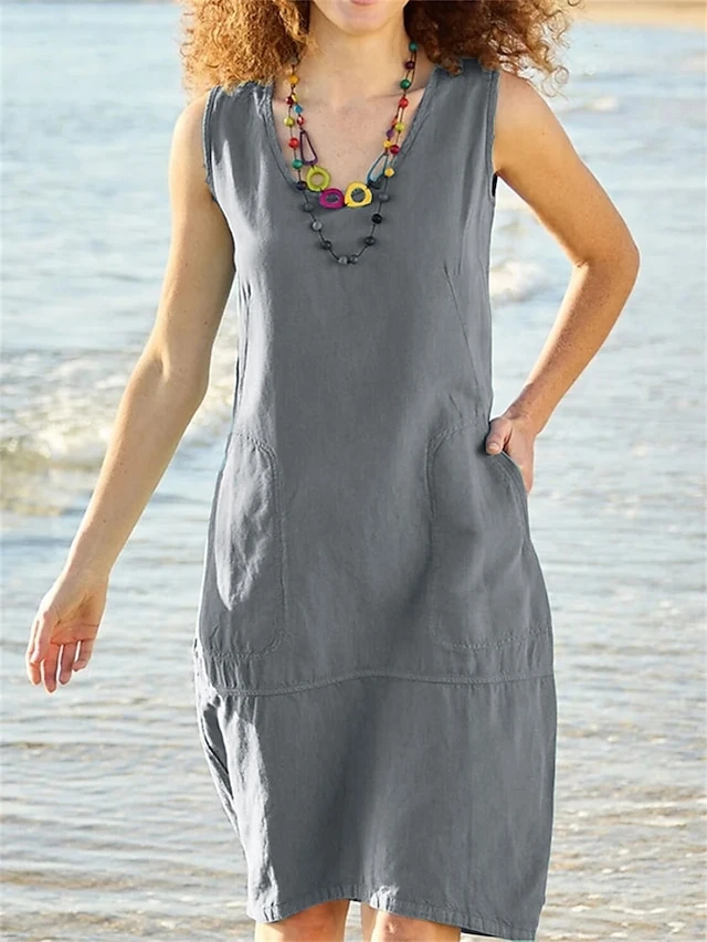 Women's Casual Dress Cotton Linen Dress Shift Dress Midi Dress Cotton Blend Basic Modern Outdoor Daily Vacation U Neck Pocket Sleeveless Summer Spring 2023 Loose Fit Light Blue Black White Plain S M 3 Women's Casual Dress Cotton Linen Dress Shift Dress Midi Dress Cotton Blend Basic Modern Outdoor Daily Vacation U Neck Pocket Sleeveless Summer Spring 2023 Loose Fit Light Blue Black White Plain S M - Image 3