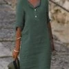 Women's Casual Dress Cotton Linen Dress Shift Dress Midi Dress Cotton Blend Classic Modern Outdoor Daily Vacation Shirt Collar Button Half Sleeve Summer Spring Fall 2023 Loose Fit Light Green Green