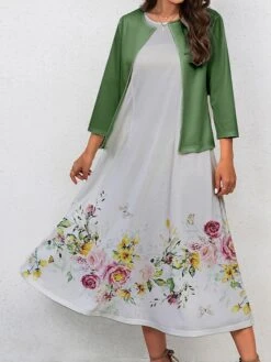Women's Two Piece Dress Set Casual Dress Swing Dress Outdoor Office Fashion Streetwear Print Midi Dress Crew Neck 3/4 Length Sleeve Floral Regular Fit Pink Green Gray Fall Winter S M L XL XXL -HAYz Clothing Shop rqxbug1697770547516