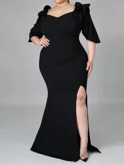 Women's Plus Size Curve Party Dress Bodycon Sheath Dress Plain Long Dress Maxi Dress 3/4 Length Sleeve Ruffle Split Off Shoulder Fashion Party Black White Fall Winter XL XXL 3XL 4XL 5XL -HAYz Clothing Shop rqxtwc1694151470356