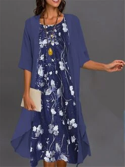 Women's Two Piece Dress Set Casual Dress Print Dress Outdoor Daily Fashion Elegant Print Midi Dress Crew Neck 3/4 Length Sleeve Floral Loose Fit Pink Navy Blue Royal Blue Summer Spring S M L XL XXL