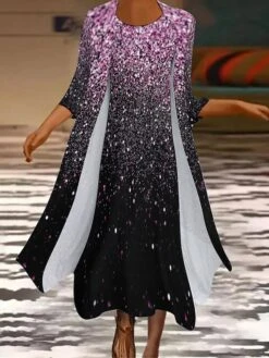 Women's Casual Dress Dress Set Two Piece Dress Midi Dress Pink Blue Gold 3/4 Length Sleeve Ombre Print Summer Spring Crew Neck Fashion 2023 S M L XL XXL 3XL -HAYz Clothing Shop rricam1671788817453