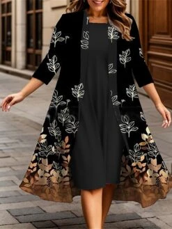Women's Plus Size Curve Casual Dress Dress Set Two Piece Dress Leaf Gradient Midi Dress 3/4 Length Sleeve Print Crew Neck Fashion Outdoor Yellow Purple Fall Winter L XL XXL 3XL 4XL