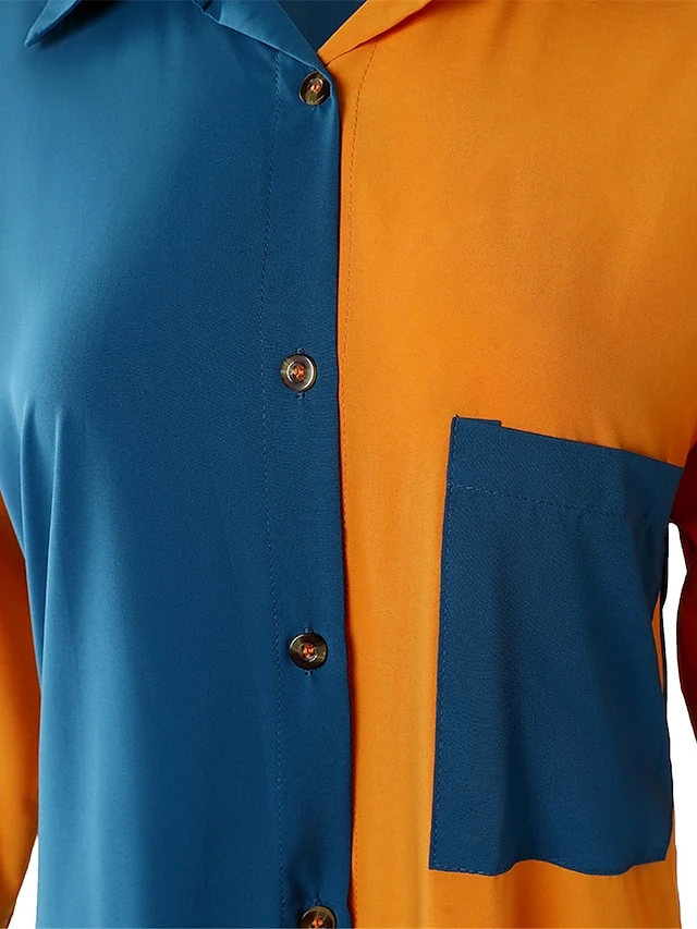 Women's Shirt Dress Casual Dress Midi Dress Outdoor Daily Vacation Polyester Fashion Modern Shirt Collar Button Pocket Long Sleeve Fall Winter 2023 Loose Fit Blue Color Block S M L XL 2 Women's Shirt Dress Casual Dress Midi Dress Outdoor Daily Vacation Polyester Fashion Modern Shirt Collar Button Pocket Long Sleeve Fall Winter 2023 Loose Fit Blue Color Block S M L XL - Image 2