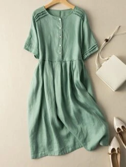 Women's Casual Dress Cotton Linen Dress Midi Dress Linen / Cotton Blend Fashion Classic Style Outdoor Daily Holiday Crew Neck Button Short Sleeve Fall Winter Autumn 2023 Loose Fit Pink Wine Green -HAYz Clothing Shop rroryi1694418667564