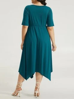 Women's Plus Size Curve Casual Dress Swing Dress A Line Dress Plain Midi Dress Half Sleeve Ruched Pocket V Neck Fashion Daily Dark Green Spring Fall L XL 2XL 3XL 4XL -HAYz Clothing Shop rrwlgk1697164736201