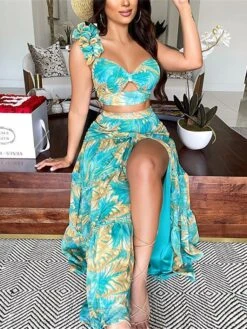 Women's Dress Set Two Piece Dress Skirt Set Long Dress Maxi Dress Green Sleeveless Floral Backless Summer Spring One Shoulder Stylish 2023 S M L XL